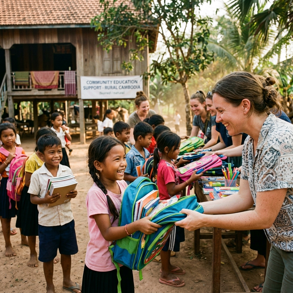 Volunteers distributing school supplies to Cambodian children